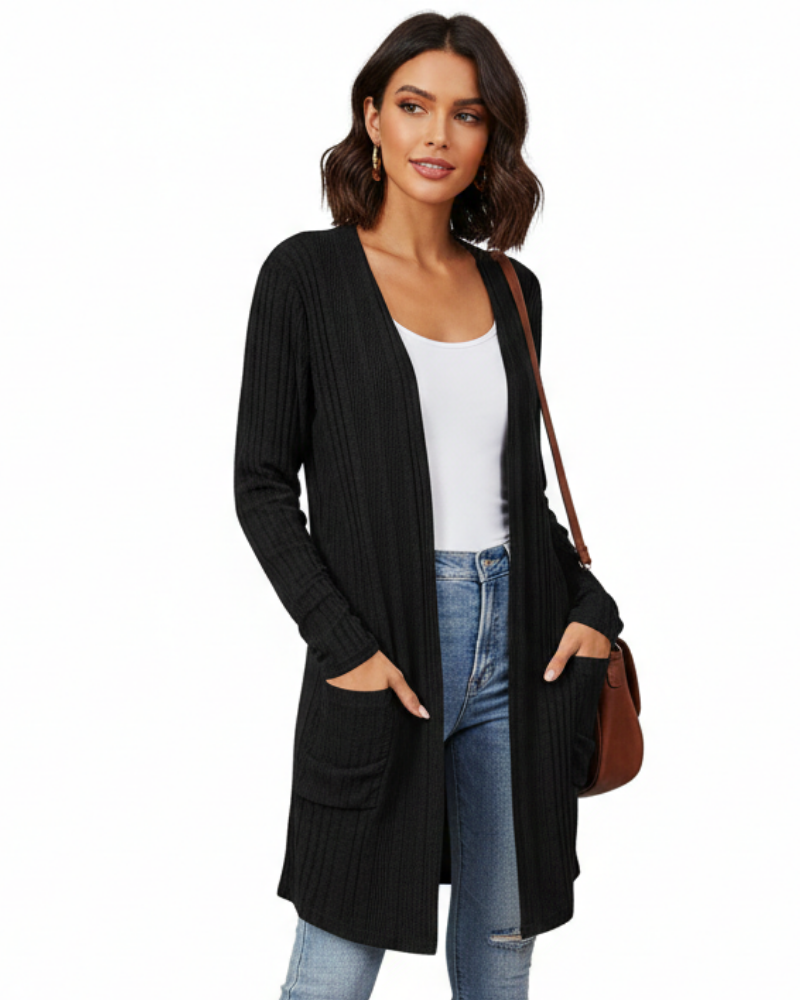 Isabelle Long Cardigan Women’s – Open Ribbed Knit Sweater with Pockets & Relaxed Fit