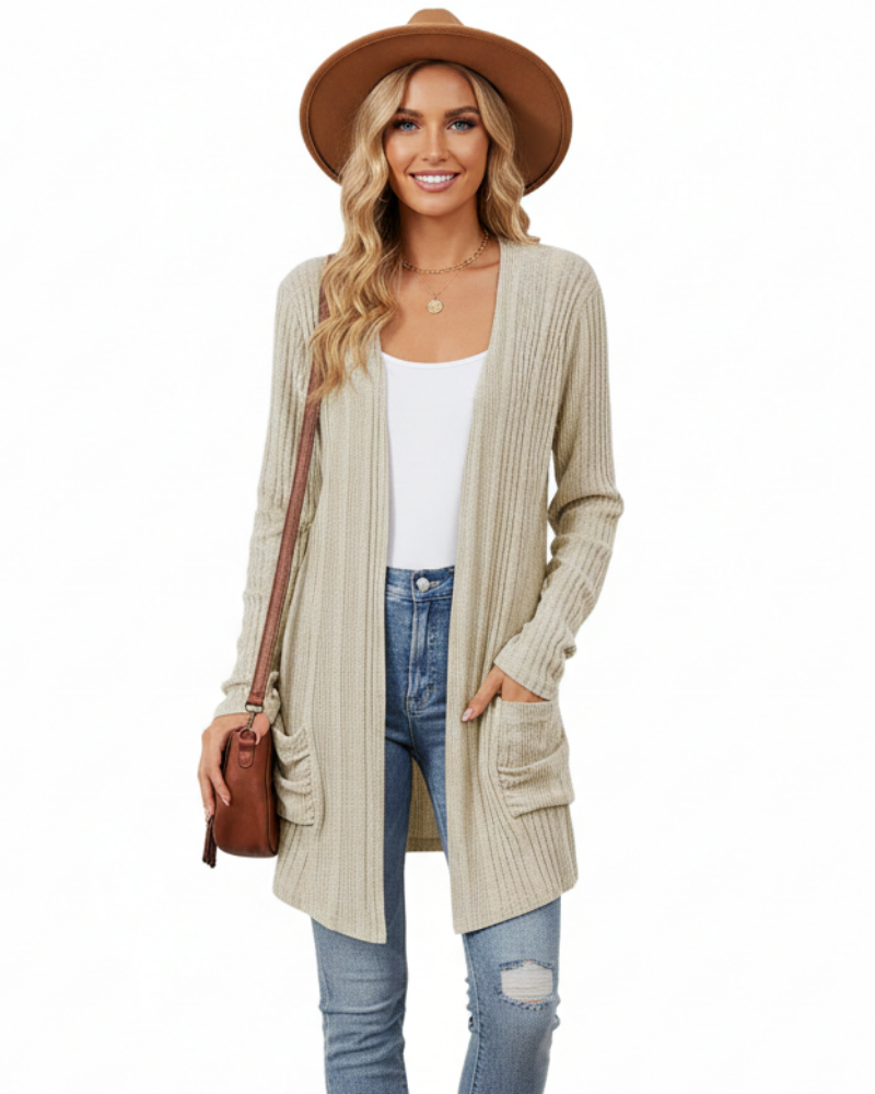 Isabelle Long Cardigan Women’s – Open Ribbed Knit Sweater with Pockets & Relaxed Fit