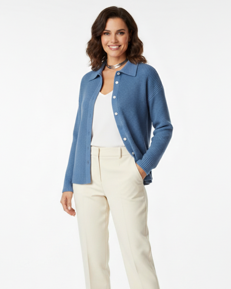 Angela Women's Fitted Cardigan – Elegant Shirt Collar in Stretch Cotton for Mid-Season