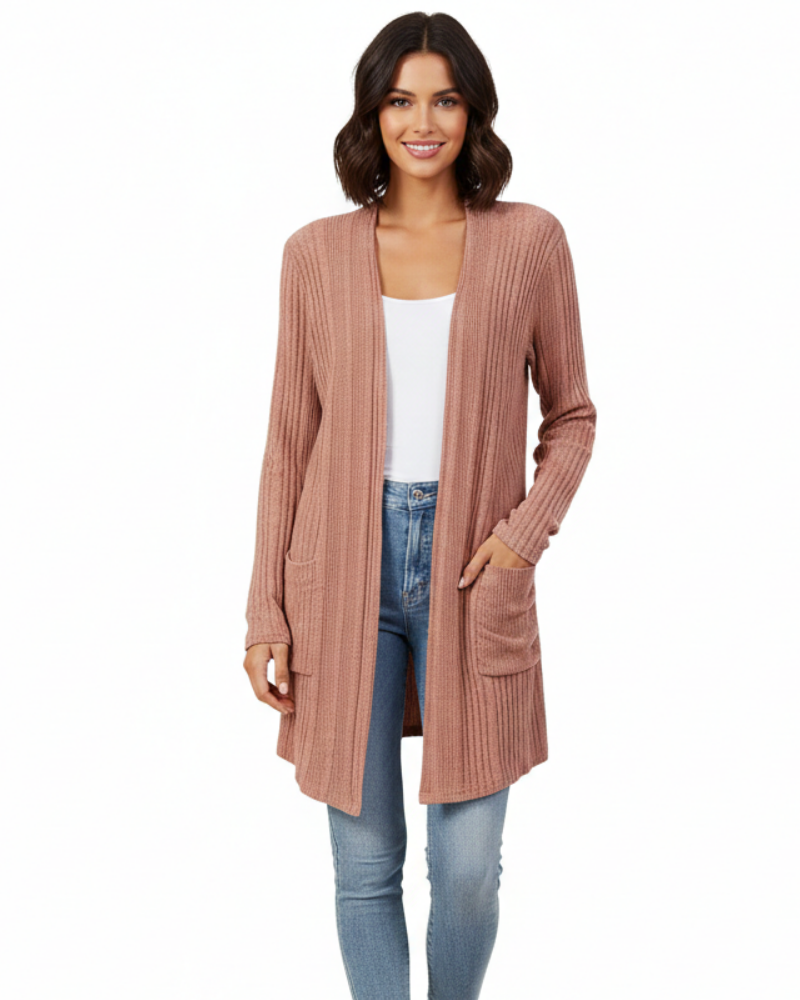 Isabelle Long Cardigan Women’s – Open Ribbed Knit Sweater with Pockets & Relaxed Fit