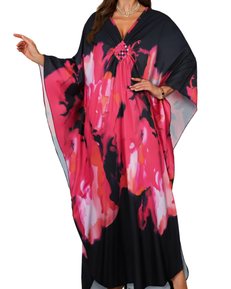 Janet Plus Size Women's Kaftan – Flowing Maxi Beach Dress, V-Neck & Bohemian Batwing Sleeves