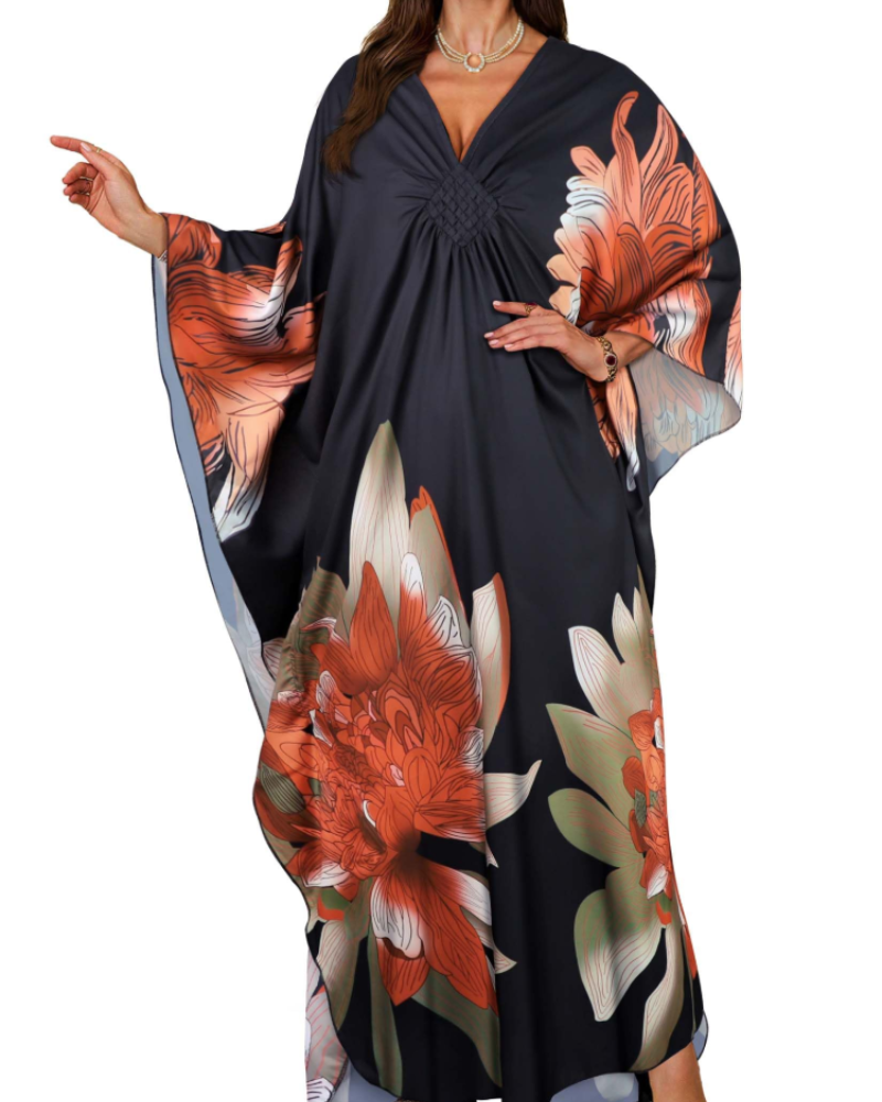 Janet Plus Size Women's Kaftan – Flowing Maxi Beach Dress, V-Neck & Bohemian Batwing Sleeves