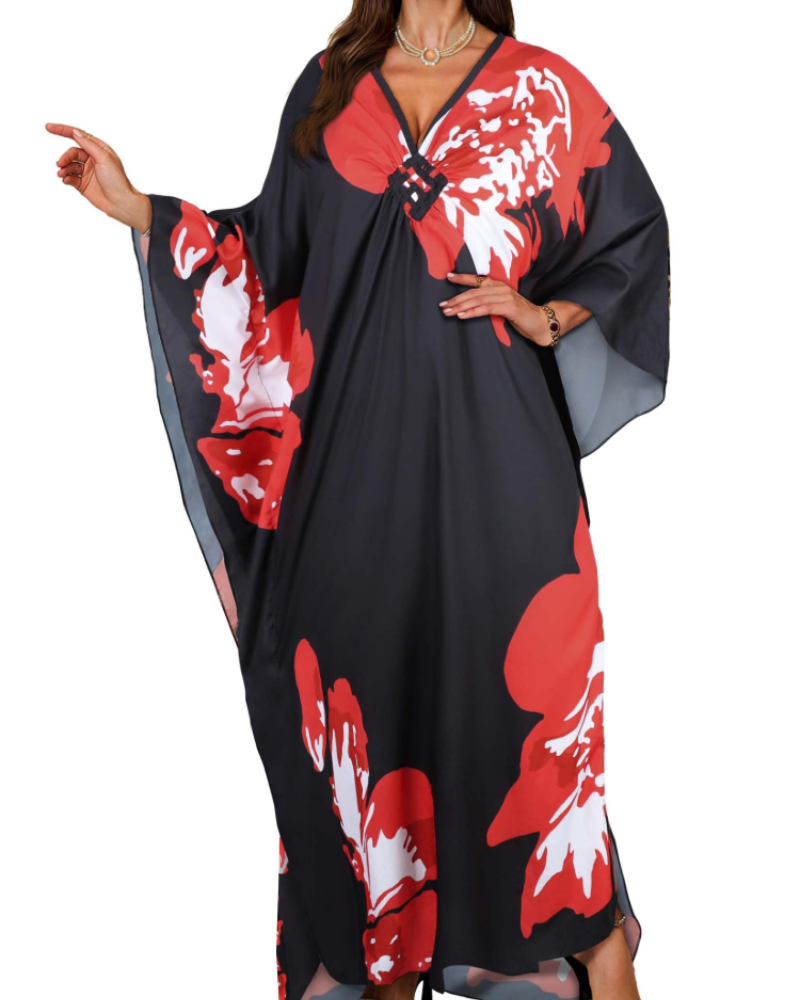 Janet Plus Size Women's Kaftan – Flowing Maxi Beach Dress, V-Neck & Bohemian Batwing Sleeves