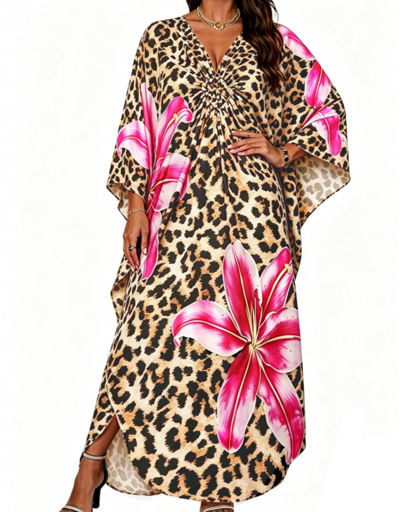 Janet Plus Size Women's Kaftan – Flowing Maxi Beach Dress, V-Neck & Bohemian Batwing Sleeves