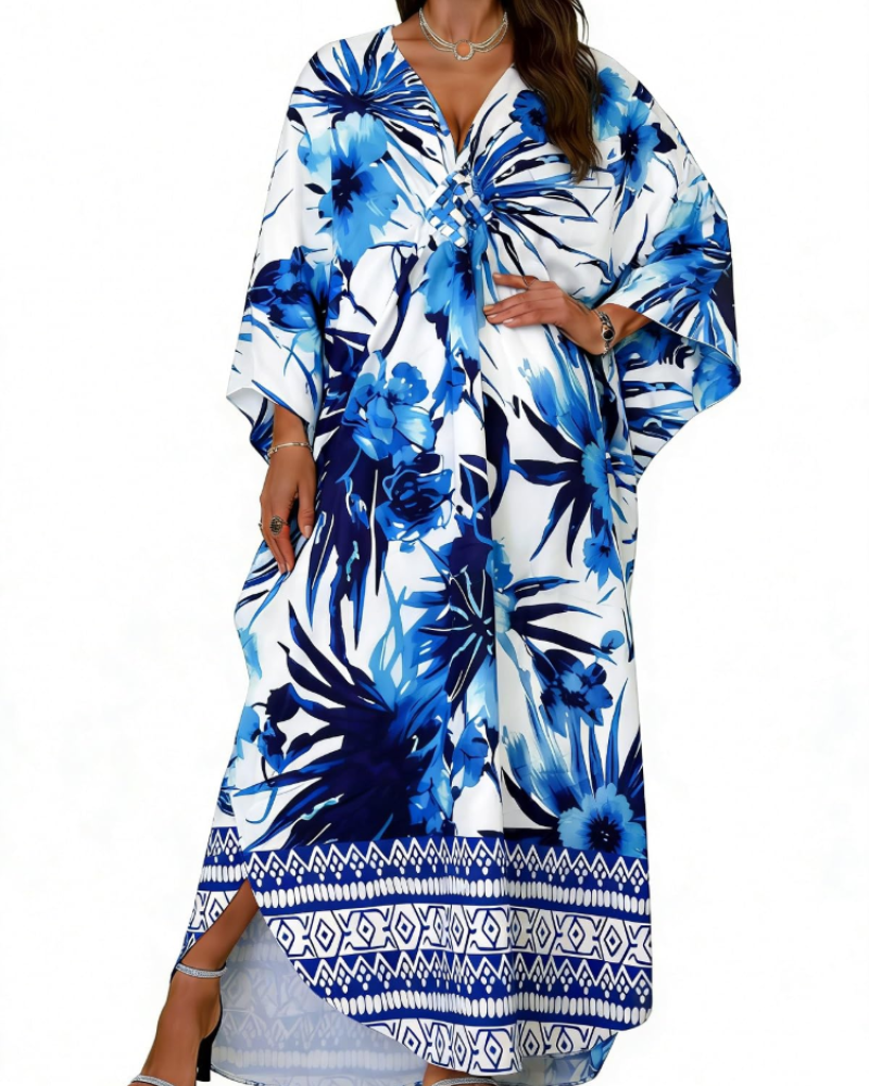 Janet Plus Size Women's Kaftan – Flowing Maxi Beach Dress, V-Neck & Bohemian Batwing Sleeves