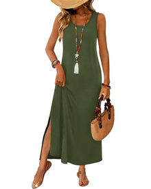 Janea Maxi Dress for Women – Sleeveless Summer Dress with Flowing Cut, Round Neck with Slit & Pockets, Bohemian Beach Style