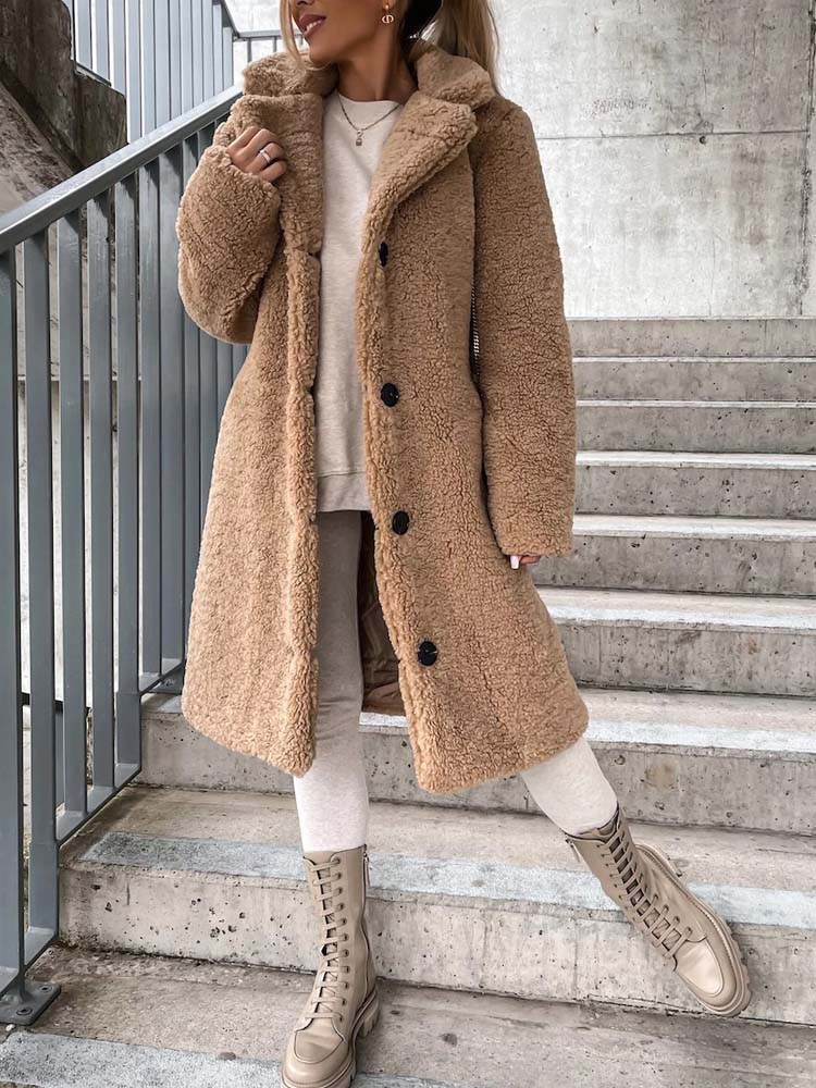 Cataleya Women's Teddy Coat – Long Soft Faux Wool Model with Warm Cut & Pockets