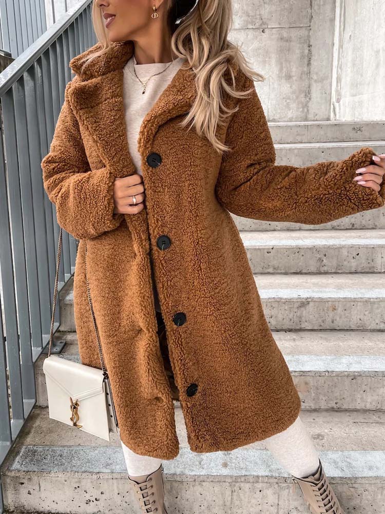 Cataleya Women's Teddy Coat – Long Soft Faux Wool Model with Warm Cut & Pockets