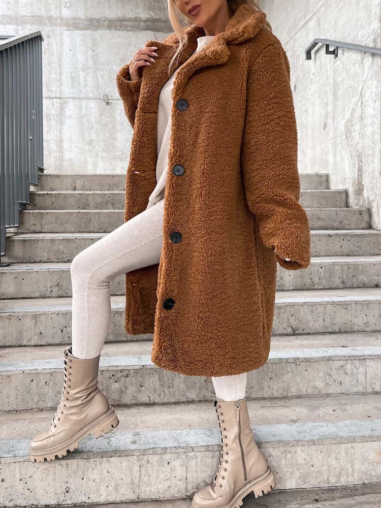 Cataleya Women's Teddy Coat – Long Soft Faux Wool Model with Warm Cut & Pockets