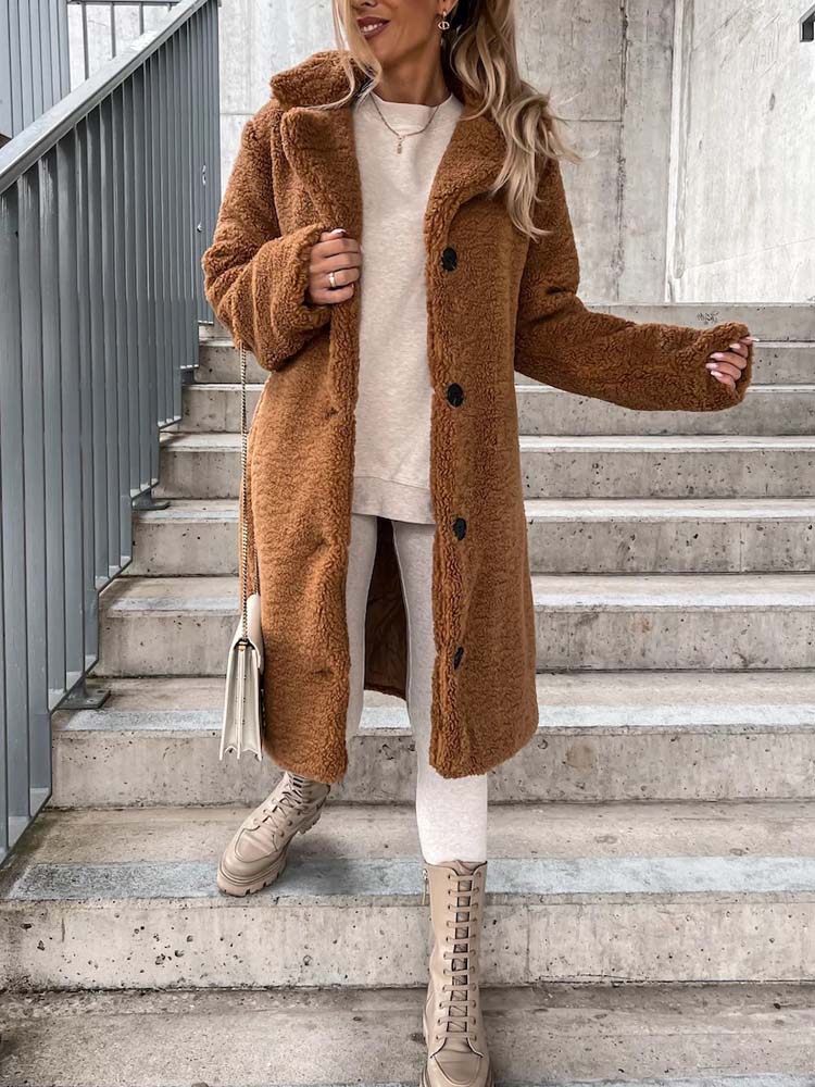Cataleya Women's Teddy Coat – Long Soft Faux Wool Model with Warm Cut & Pockets