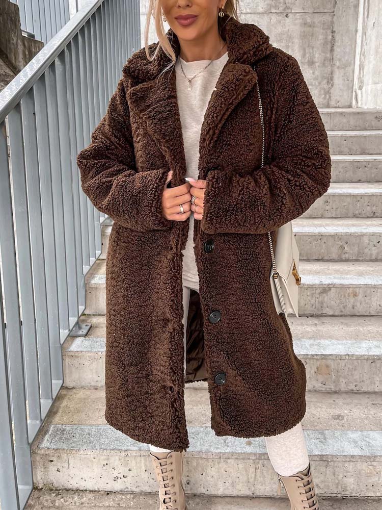 Cataleya Women's Teddy Coat – Long Soft Faux Wool Model with Warm Cut & Pockets