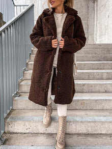 Cataleya Women's Teddy Coat – Long Soft Faux Wool Model with Warm Cut & Pockets