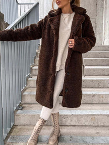 Cataleya Women's Teddy Coat – Long Soft Faux Wool Model with Warm Cut & Pockets