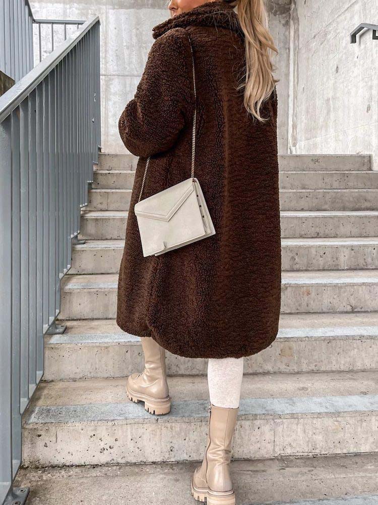Cataleya Women's Teddy Coat – Long Soft Faux Wool Model with Warm Cut & Pockets