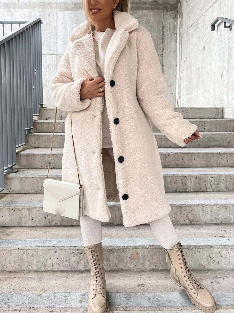 Cataleya Women's Teddy Coat – Long Soft Faux Wool Model with Warm Cut & Pockets