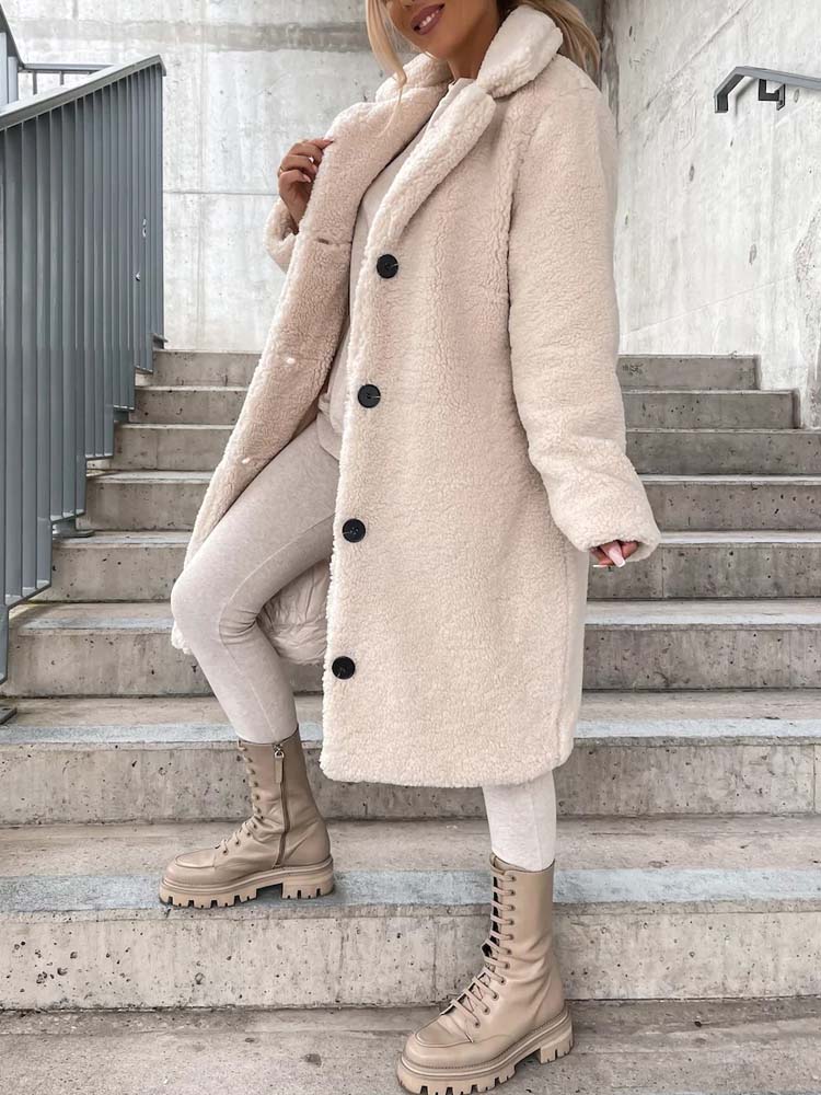 Cataleya Women's Teddy Coat – Long Soft Faux Wool Model with Warm Cut & Pockets