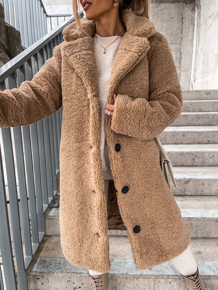 Cataleya Women's Teddy Coat – Long Soft Faux Wool Model with Warm Cut & Pockets