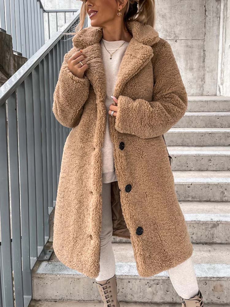 Cataleya Women's Teddy Coat – Long Soft Faux Wool Model with Warm Cut & Pockets