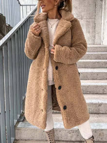 Cataleya Women's Teddy Coat – Long Soft Faux Wool Model with Warm Cut & Pockets