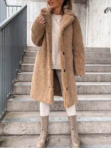 Cataleya Women's Teddy Coat – Long Soft Faux Wool Model with Warm Cut & Pockets