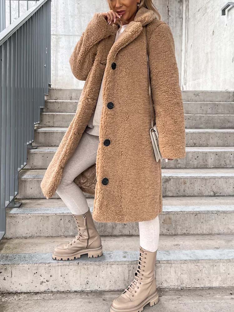 Cataleya Women's Teddy Coat – Long Soft Faux Wool Model with Warm Cut & Pockets