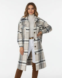 Jody Women's Plaid Coat – Long Oversized Jacket in Mixed Wool Shacket Style