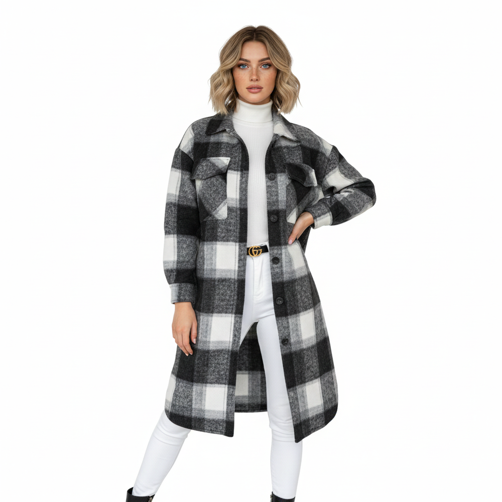 Jody Women's Plaid Coat – Long Oversized Jacket in Mixed Wool Shacket Style