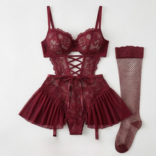 Nocturra – Women's Lace Corset Nightgown Set with Fishnet Stockings