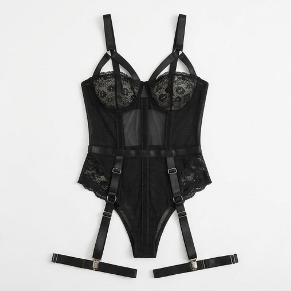 Noxelle – Women's Skull Lace Corset Bodysuit with Garter Straps
