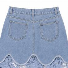 Florenza – Floral lace hem high waist denim maxi skirt with pockets