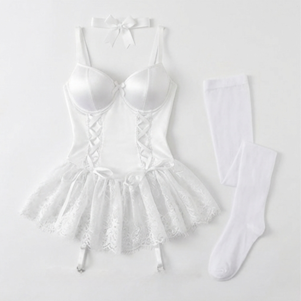 Rosalure – Floral Lace Babydoll Set with Garter Stockings