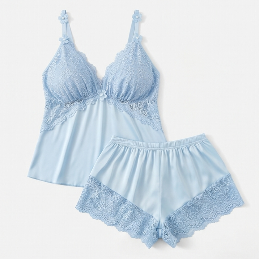 Lunessa – Lace-Trim Satin Pyjama Set