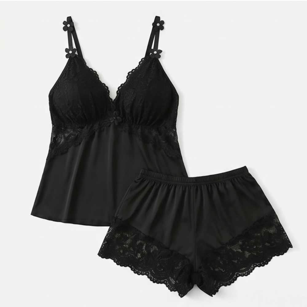 Lunessa – Lace-Trim Satin Pyjama Set