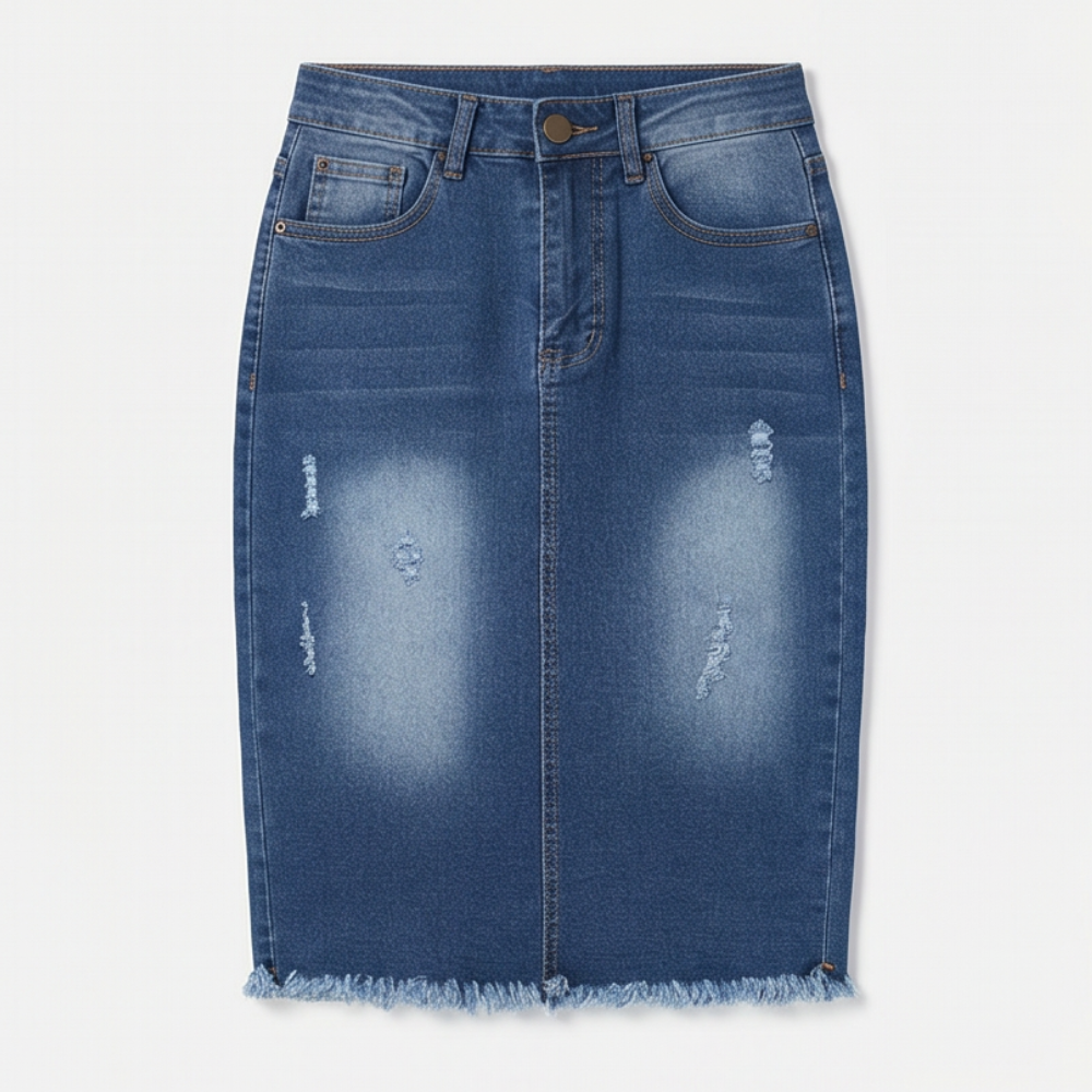 Veluna – Curve-Flattering Frayed Hem Denim Skirt