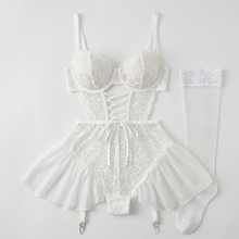Nocturra – Women's Lace Corset Nightgown Set with Fishnet Stockings