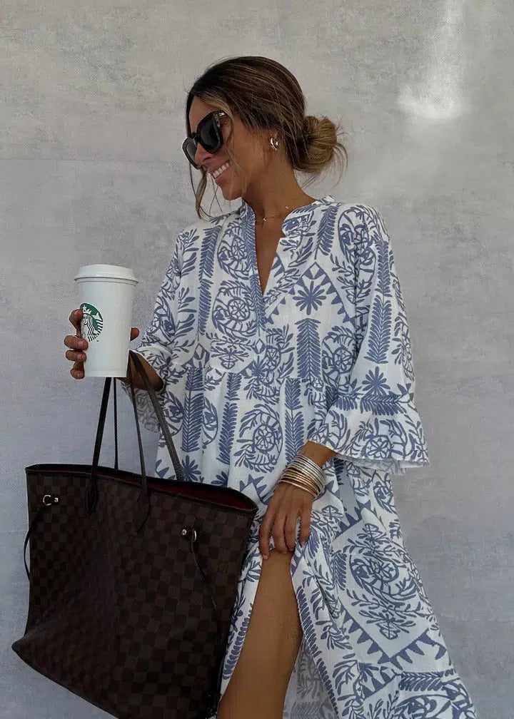 Anastasia Robe Maxi Femme – Bohemian Summer Dress with V-Neck & Airy Floral Print