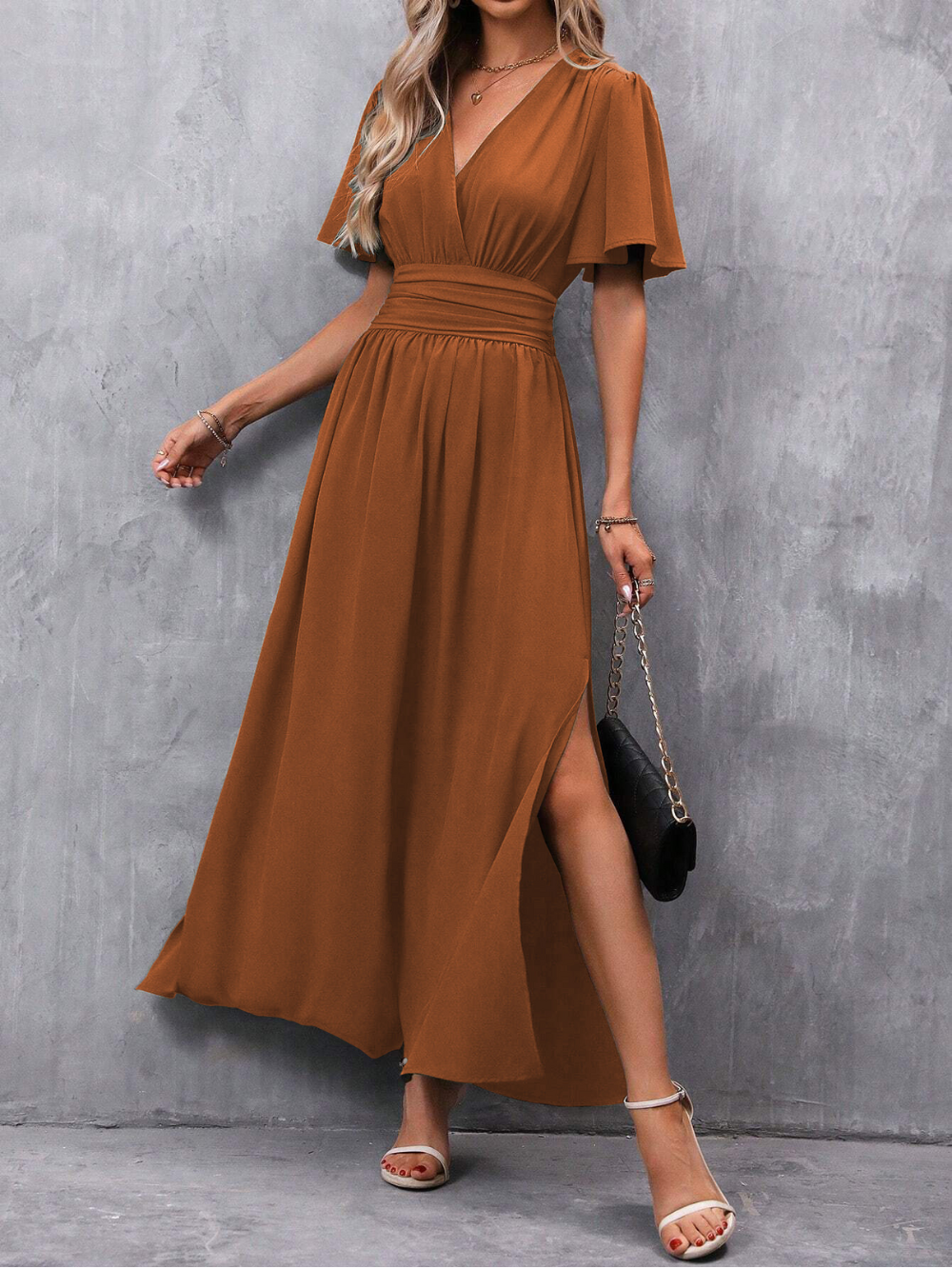 Eliza Long Dress Woman – Elegant Dress with Belt and Flowing Skirt for Luxury Occasions