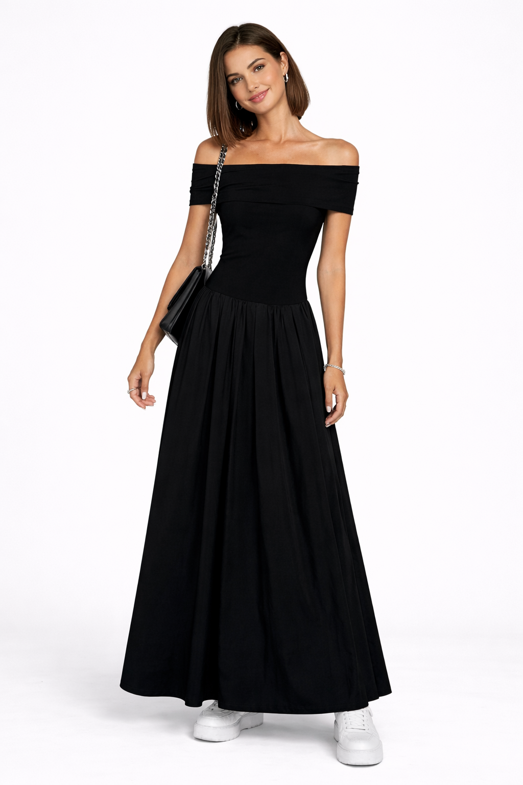 Kisha Maxi Dress for Women – Elegant Off-Shoulder Dress with Flowing Pleated Skirt