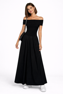 Kisha Maxi Dress for Women – Elegant Off-Shoulder Dress with Flowing Pleated Skirt