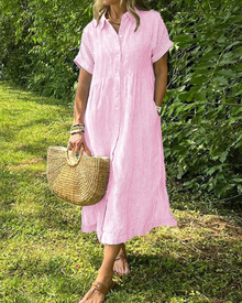 Laylani Women's Robe Chemise – Striped Midi Button-Down, Short Sleeves & Flowing A-Line Cut
