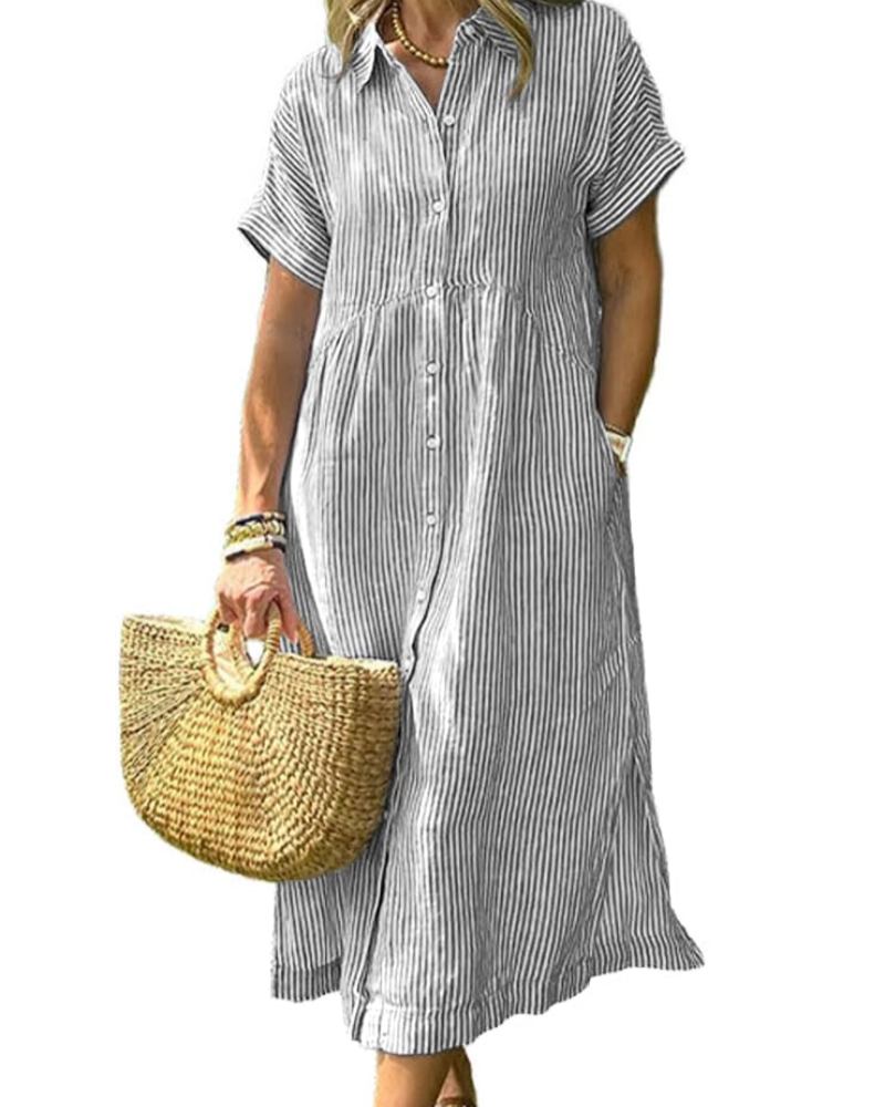 Laylani Women's Robe Chemise – Striped Midi Button-Down, Short Sleeves & Flowing A-Line Cut