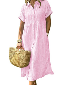 Laylani Women's Robe Chemise – Striped Midi Button-Down, Short Sleeves & Flowing A-Line Cut