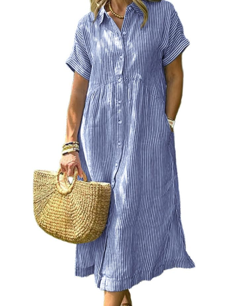 Laylani Women's Robe Chemise – Striped Midi Button-Down, Short Sleeves & Flowing A-Line Cut