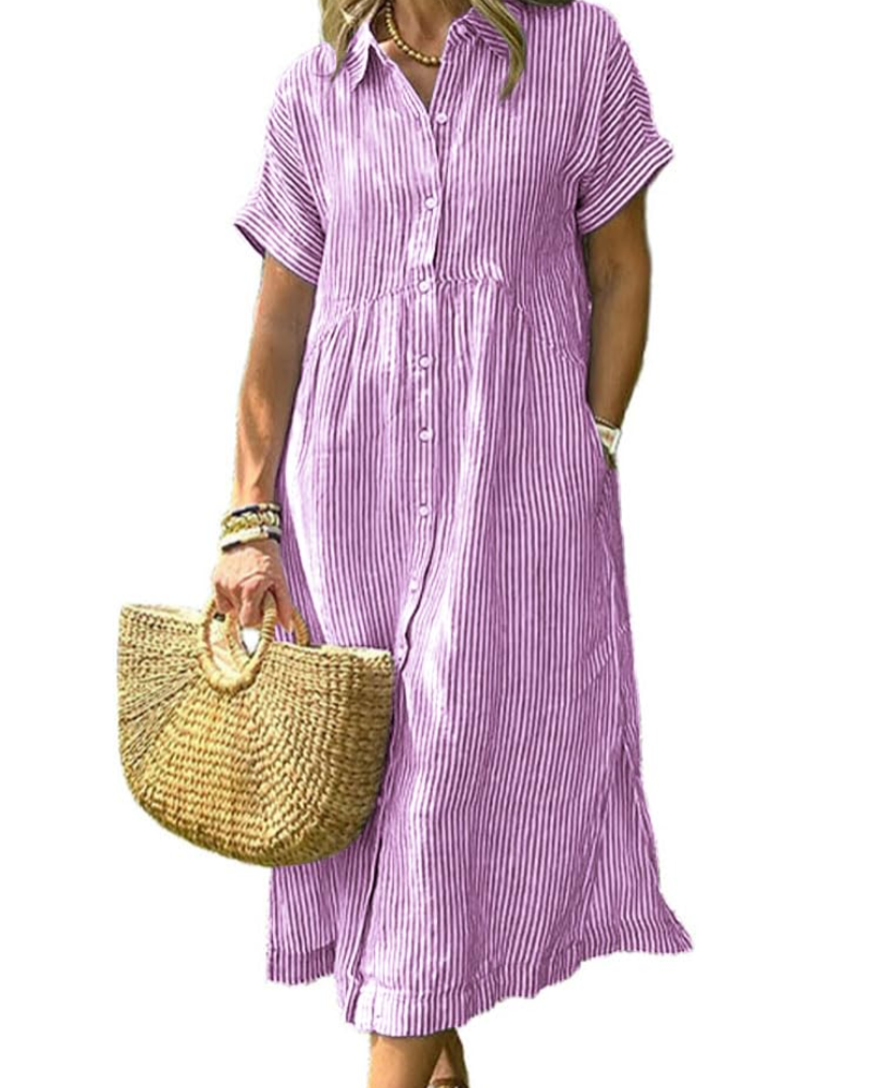 Laylani Women's Robe Chemise – Striped Midi Button-Down, Short Sleeves & Flowing A-Line Cut