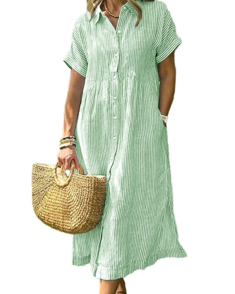 Laylani Women's Robe Chemise – Striped Midi Button-Down, Short Sleeves & Flowing A-Line Cut