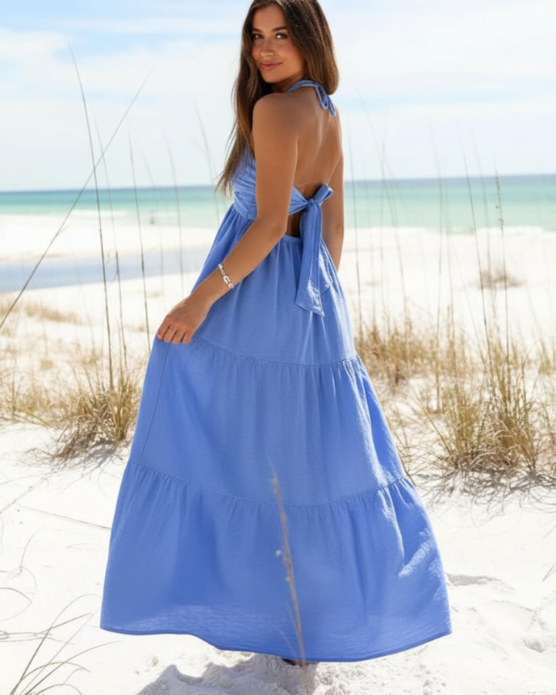 Leticia Maxi Dress for Women – Adjustable Halter Neck, Flowing Ruffle Cut & Summer Pockets