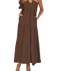 Leticia Maxi Dress for Women – Adjustable Halter Neck, Flowing Ruffle Cut & Summer Pockets