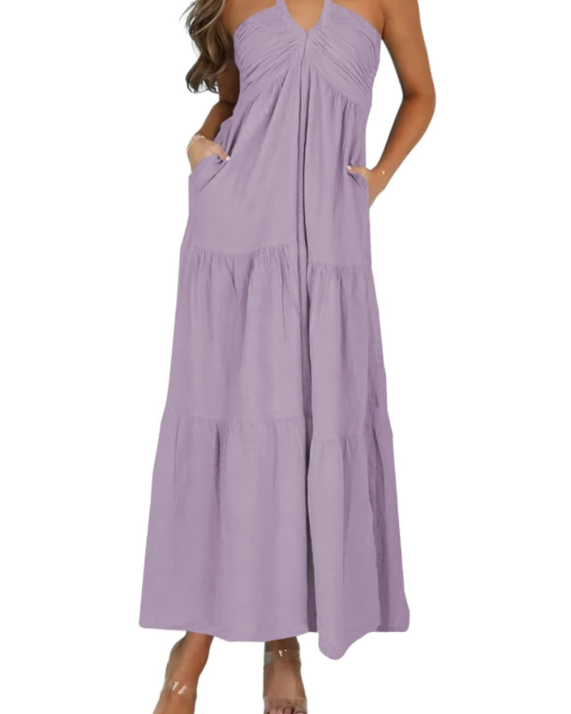 Leticia Maxi Dress for Women – Adjustable Halter Neck, Flowing Ruffle Cut & Summer Pockets