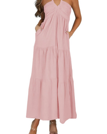 Leticia Maxi Dress for Women – Adjustable Halter Neck, Flowing Ruffle Cut & Summer Pockets
