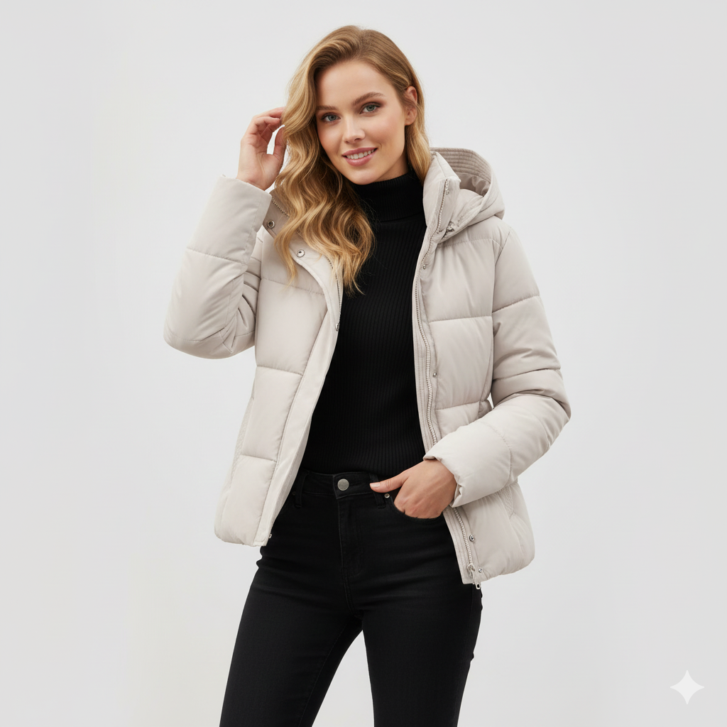 Leyna Women's Puffer Jacket – Belted Coat with Warm Hood & Elegant Cut